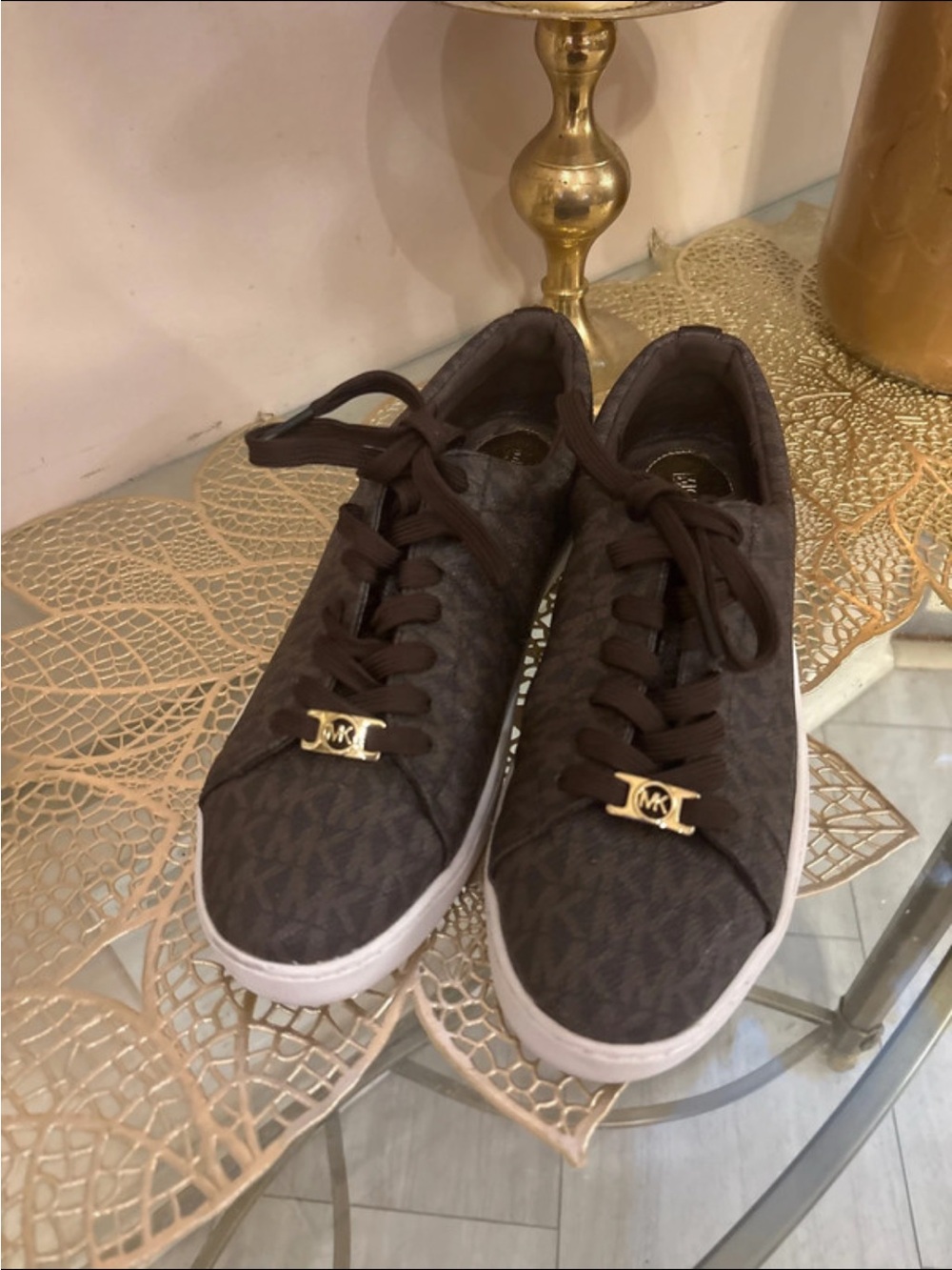 Michael Kors Dark Brown MK Monogram Lace-Up Sneakers - Women's